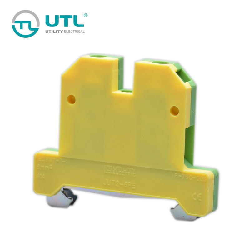 尤提乐JUT2-6PE黄绿色接线端子6平方螺丝端子排一进一出接线端子