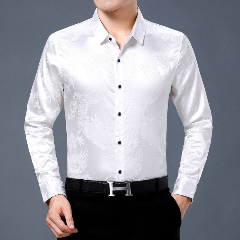 2019春季男士长袖衬衫翻领商务休闲免烫衬衣中年男式印花衬衫批发