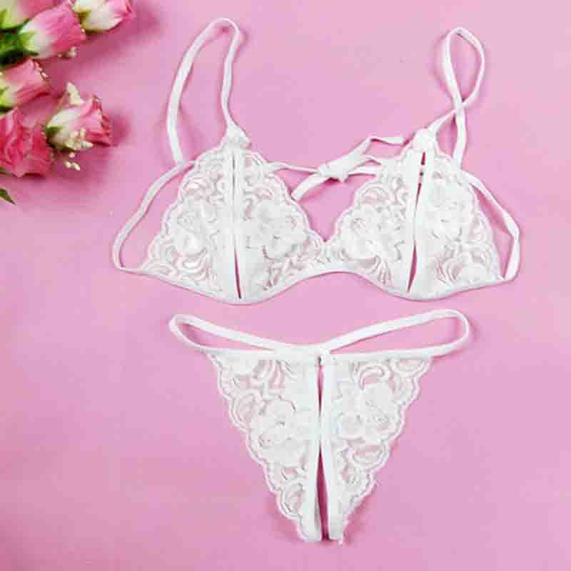 Solid Color Three-point Sexy Lace Hollow Out Low Waist Thong Sexy Lingerie display picture 3