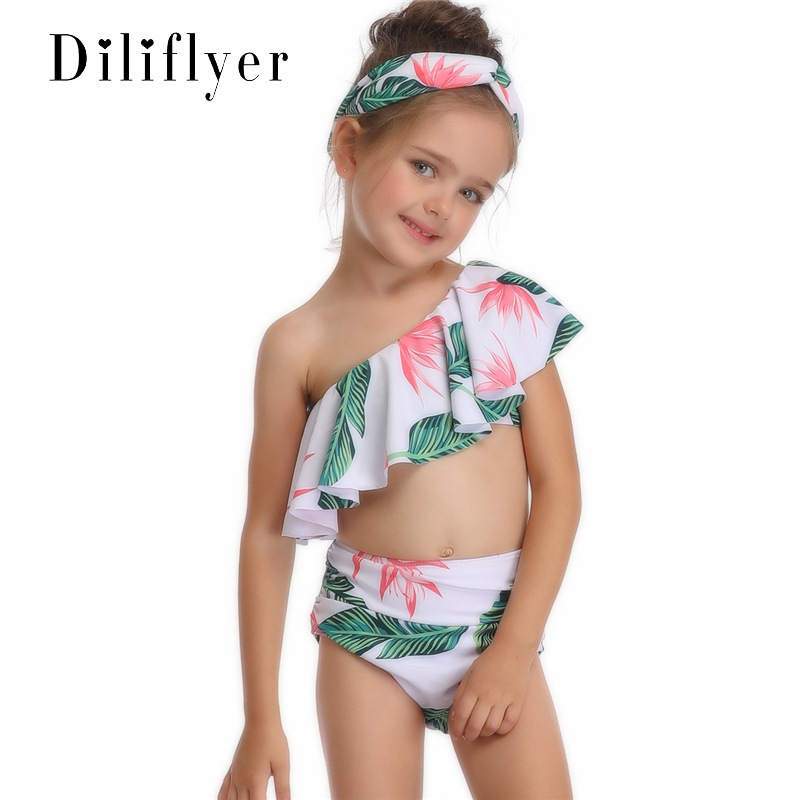 跨境专供2020新款儿童泳衣 欧美款斜肩单飞边女童泳装厂家批发|ms