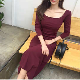 2025秋冬新品韩版女装长袖修身针织连衣裙褶皱方领大摆长裙8176