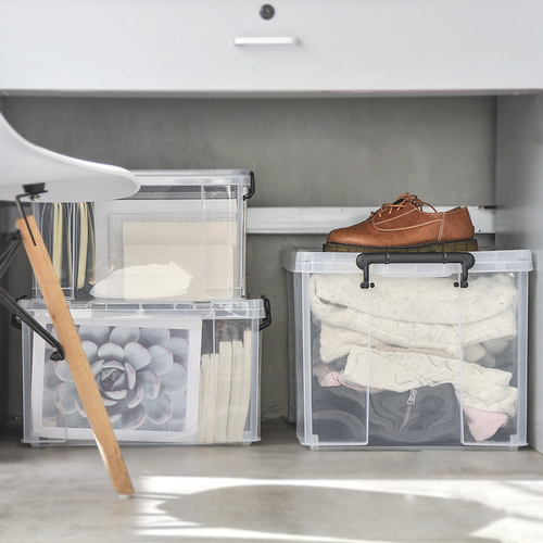 Large plastic storage box transparent right angle thickened portable snack storage box clothes organizer toy storage box