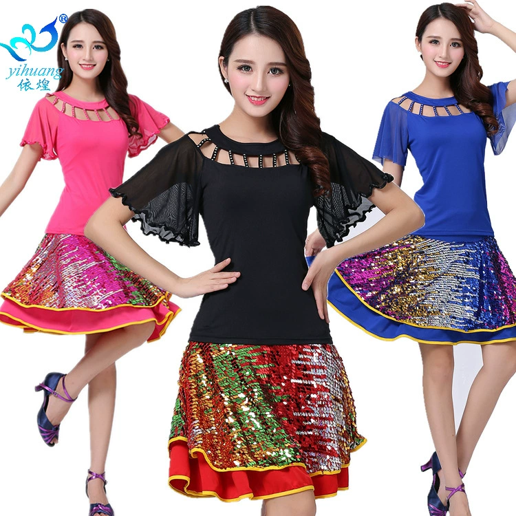 Одежда для бальных танцев, одежда для латиноамериканских танцев, одежда для бальных танцев, танцевальная одежда с короткими рукавами, юбка, одежда для выступлений с блестками, танцевальная юбка