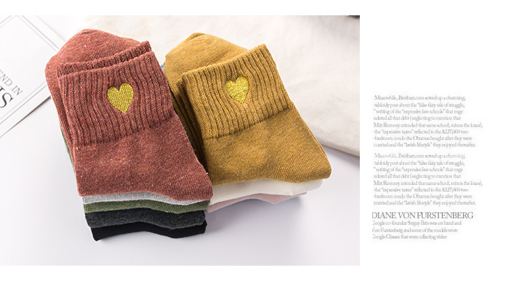 Calcetines nuevos de otoño e invierno con bordado de amor de hilo dorado, calcetines de algodón para mujer, calcetines de tubo medio bordados de entrepierna alta para mujer_voghion.com