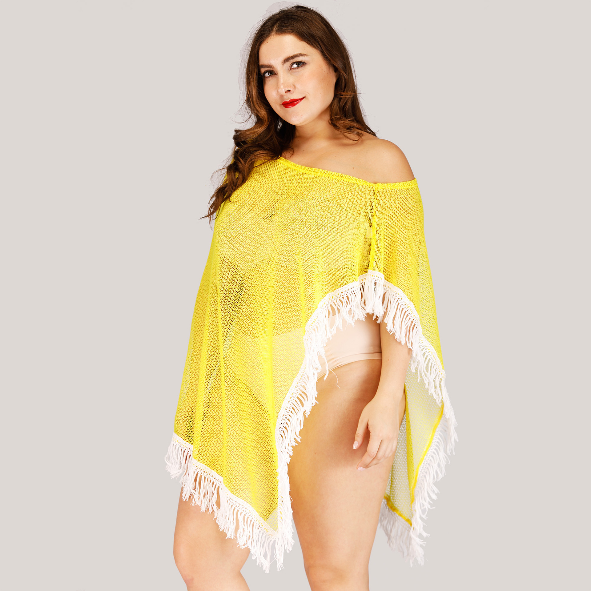 large size mesh stitching long fringed beach blouse  NSOY51871