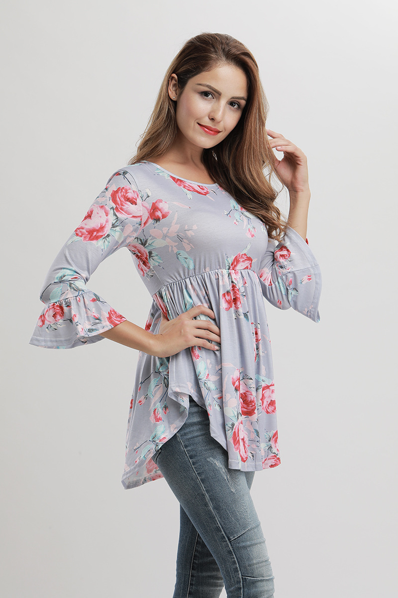 Floral Print Doll Top Sexy Design Three Quarter Bell Sleeves Round Neck Autumn Fashion Wholesale Available