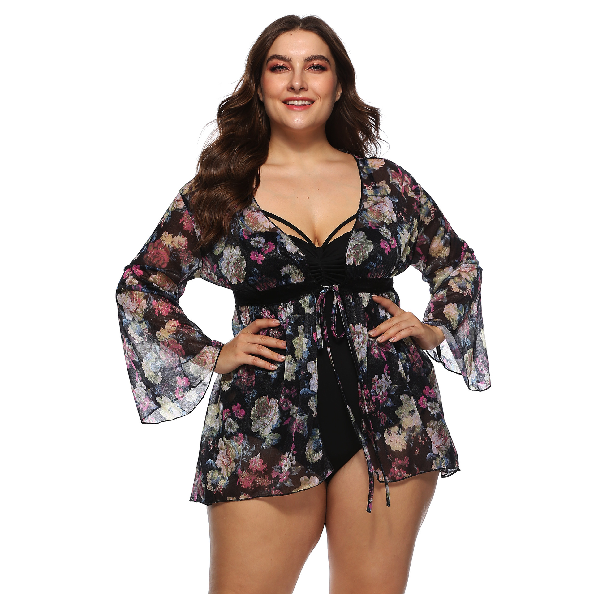 Plus size floral print chiffon mini dress NSOY45991