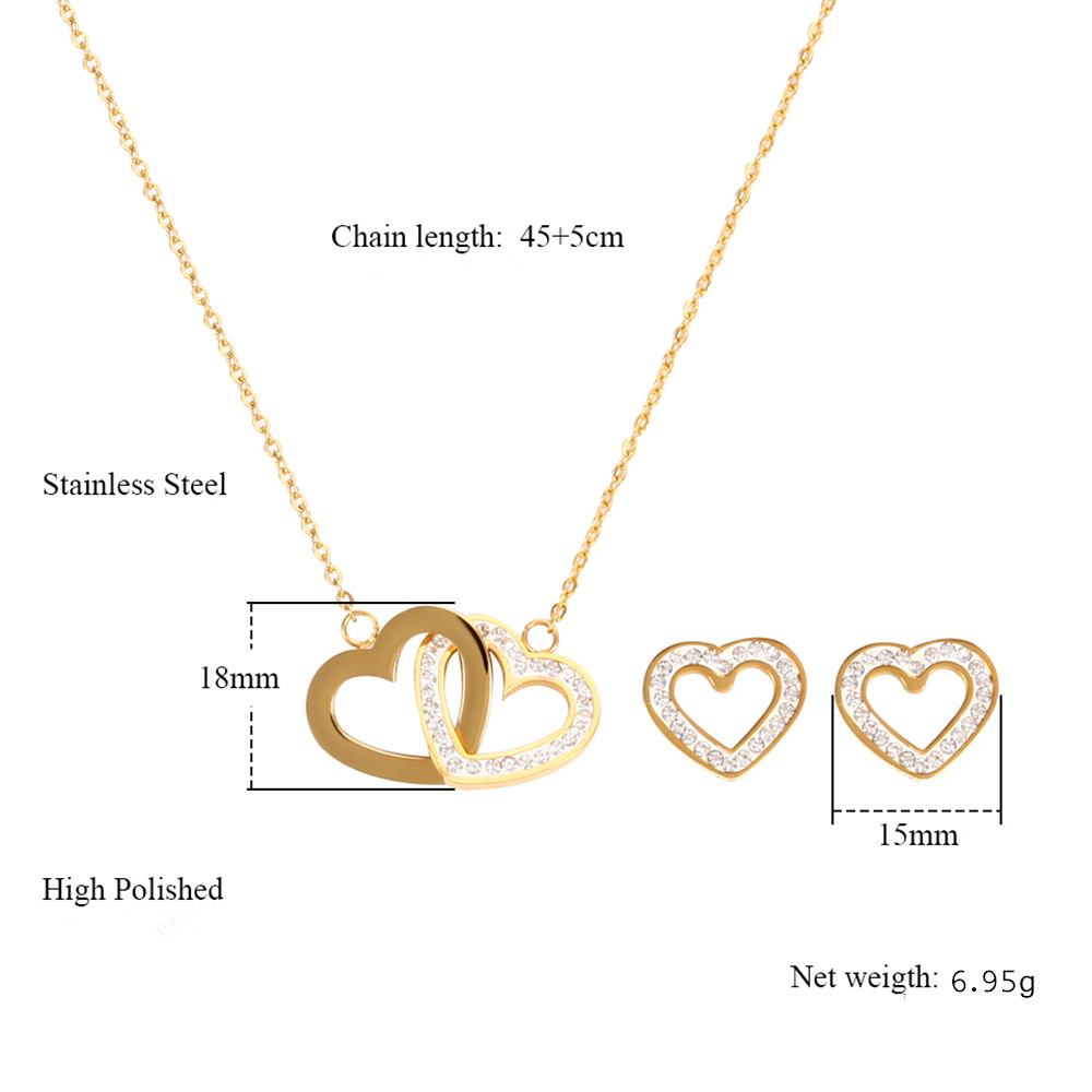 Mode Doppelter Herzförmiger Diamant-edelstahl-halsketten-ohrring-set Großhandel Nihaojewelry display picture 1