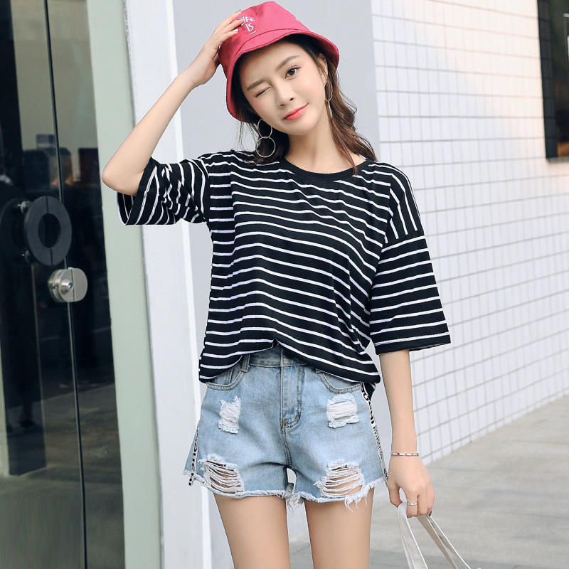 一件代发女装/2018年夏装t恤/圆领条纹上衣/短袖t恤女士新款