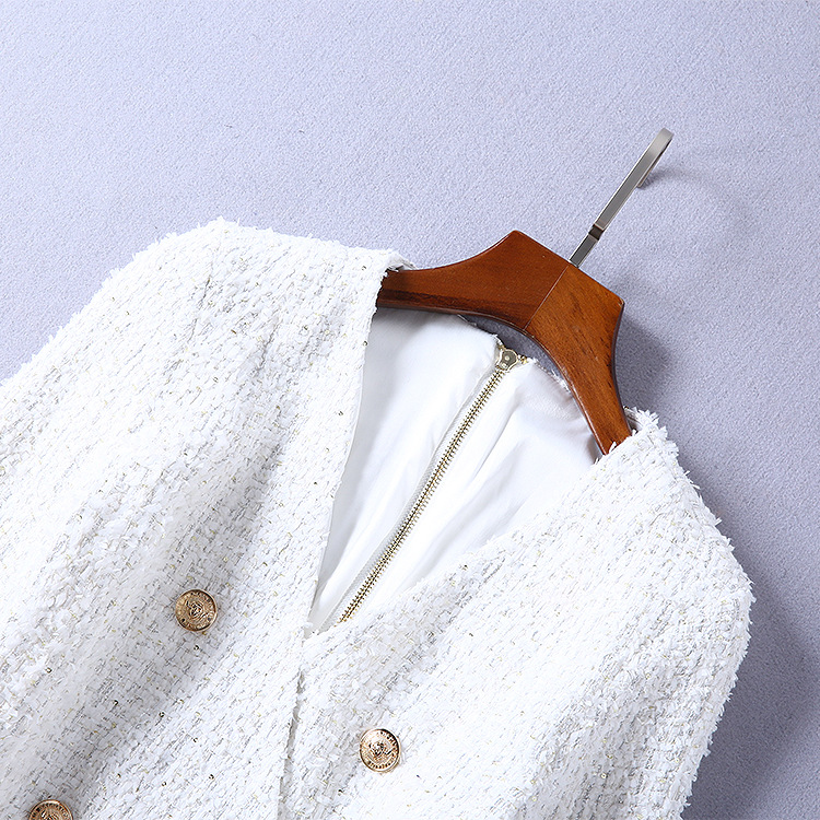 1008-14 流苏边双排扣V领气质连衣裙码数S M L X