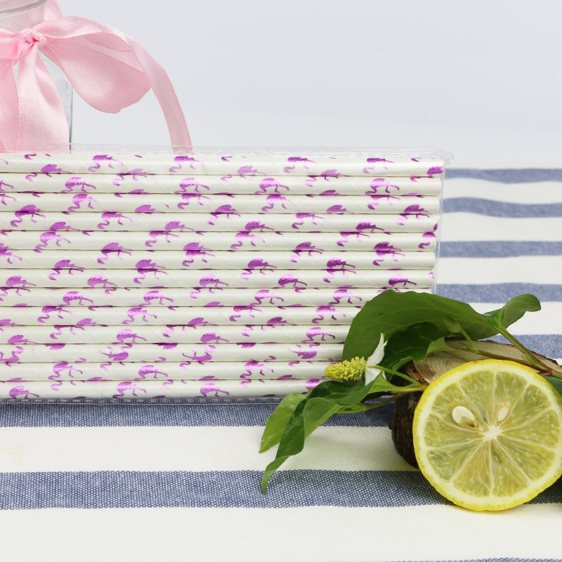 烫金白底紫色火烈鸟纸吸管