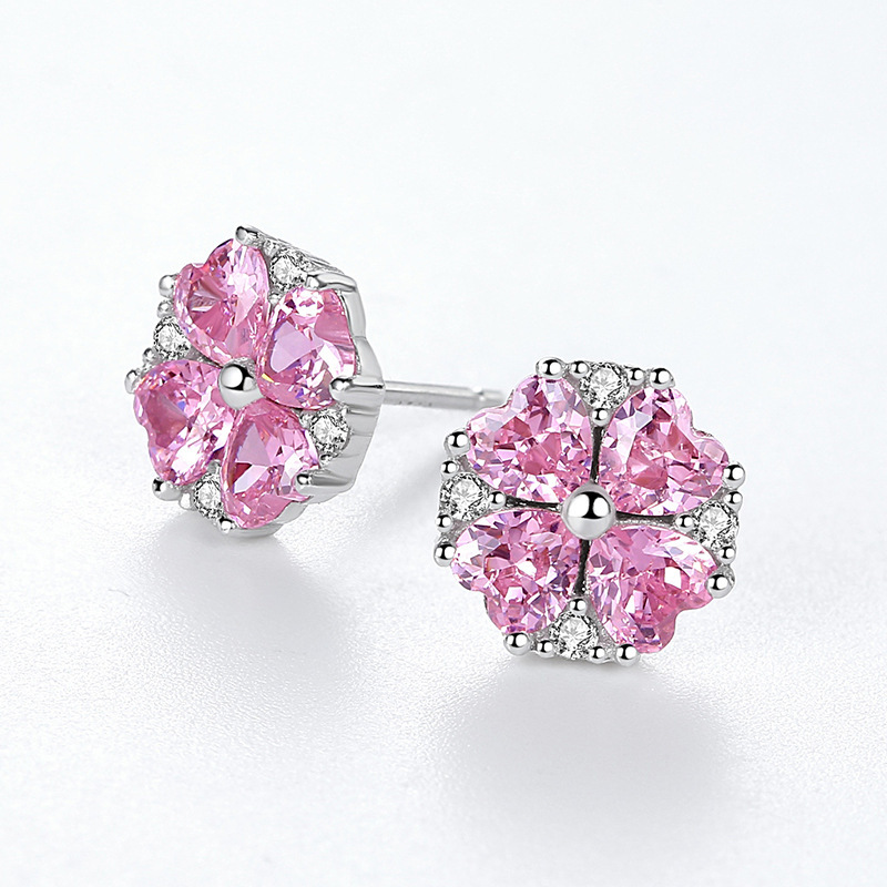 粉色心形四叶草铜镀银耳钉女简约气质耳环韩国个性百搭爱心耳饰品