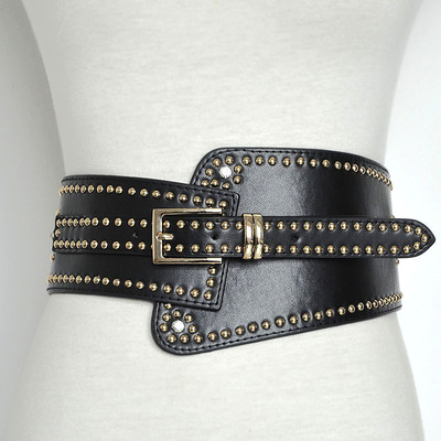 Women's wide rivet girdle European and American fashion ladies rivet elastic pin buckle wide belt