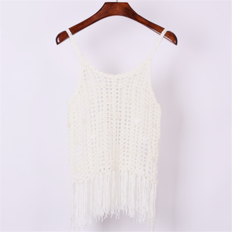 2018夏裝新款女裝鏤空亮片手勾針織罩衫時尚流蘇性感吊帶背心女