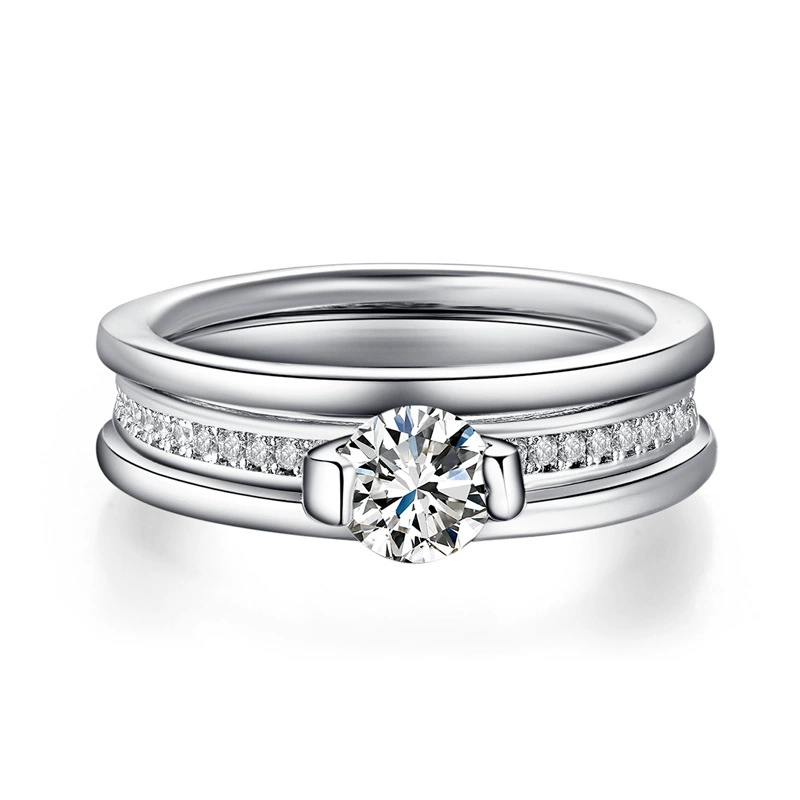 Модное кольцо Moon Jewelry, корейский двойной слой, медь с платиновым покрытием и 6 мм цирконом