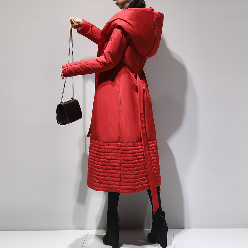 European And American Mid-length Solid Color Elastic Waist Tie Over Knee Waist Hooded White Duck Down Jacket