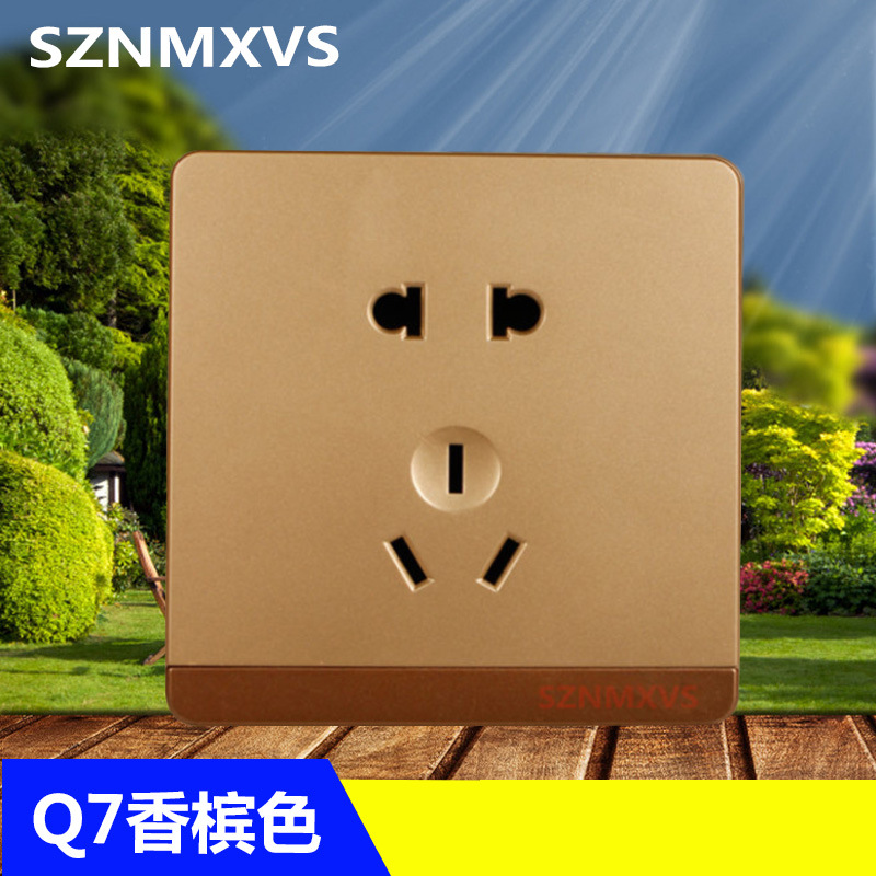 一开五孔USB香槟金开关面板 五孔九孔家用开关插座插座工厂批发