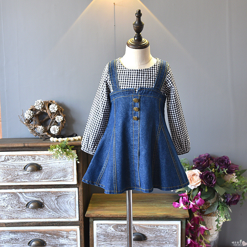 女童秋季连衣裙韩版新款时尚洋气公主儿童背带裙假两件牛仔裙子