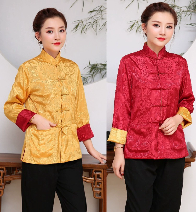 Двусторонний шелк и атлас, свадебный весенне-осенний женский костюм для пары, праздничная фотография, топ с длинными рукавами, китайский костюм Тан, этническая одежда