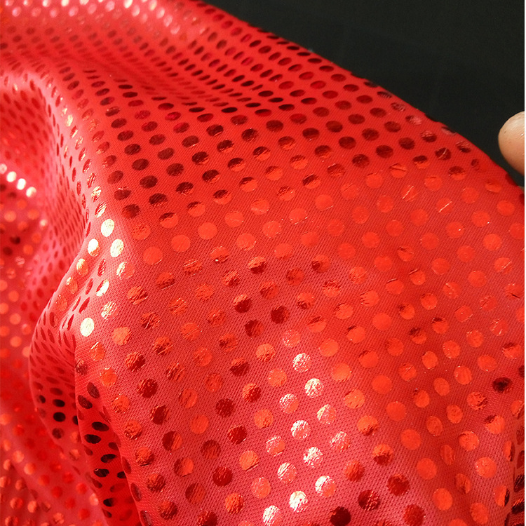 现货销售红色中大点针织舞台服烫金面料 装饰品两面弹工艺品布料