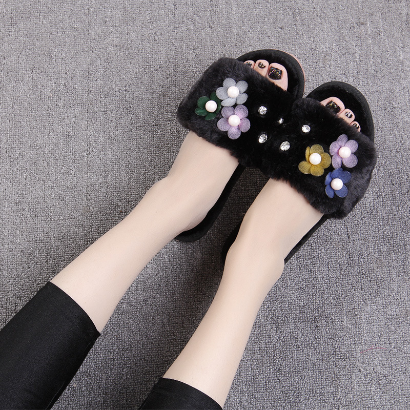 2018秋冬新款女士韩版时一字鞋纱网花毛绒拖鞋室内防滑外穿牛筋底|ms