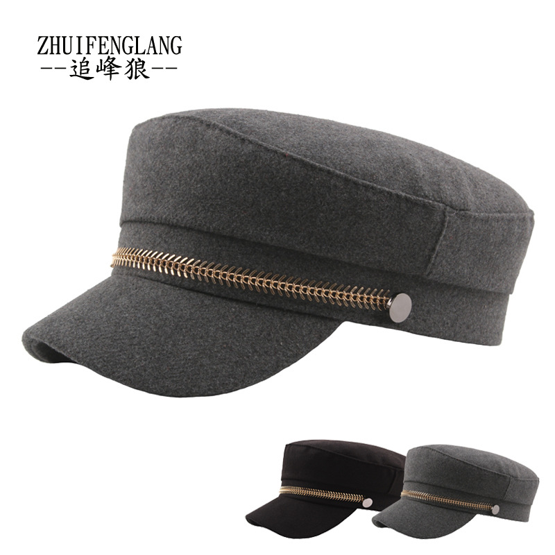 韩国版时尚潮金色链条女士海军帽羊毛呢复古民国学生帽时装船长帽