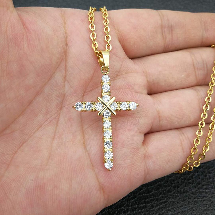 Titanium Steel Material Cross Pattern 1 Piece 25*45MM Titanium Steel Zircon Gold Plated Cross Pendant