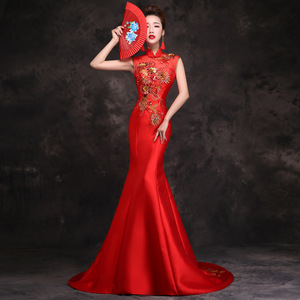 Chinese Dress Qipao girl long fishtail tailed performance style Qipao banquet evening dress