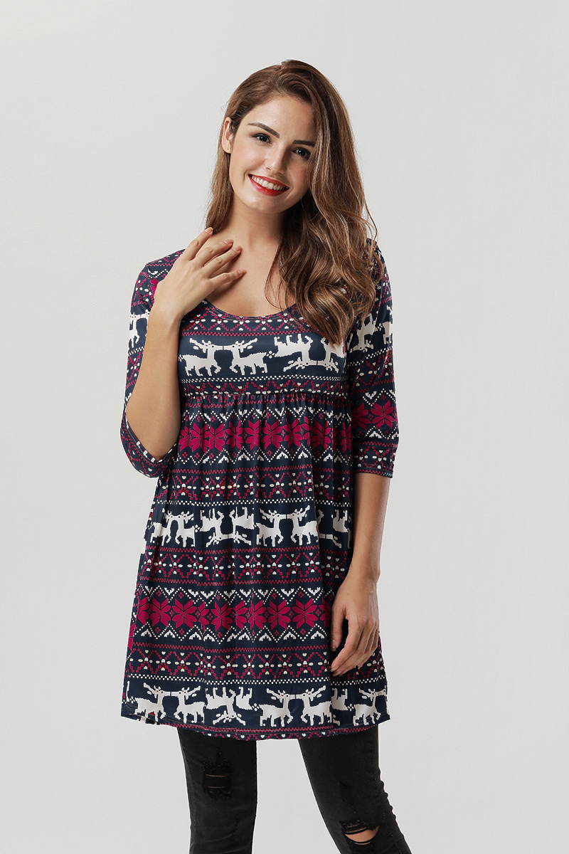 Christmas Reindeer Print Dress 3 4 Sleeve A Line Silhouette Comfortable Fabric Casual Holiday Wear Wholesale