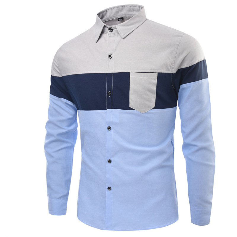 Quick sale Amazon spring and autumn new men's color matching pocket decoration large long sleeve shirt thin casual shirt