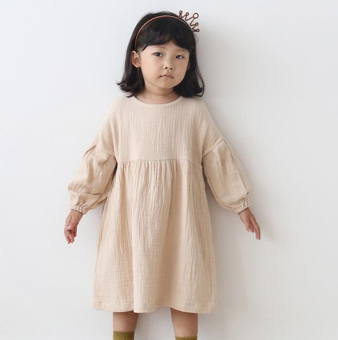 Ins Japanese And Korean Casual Linen Fabric Spring And Autumn Girls' Lantern Long-sleeved All-match Princess Dress Children
