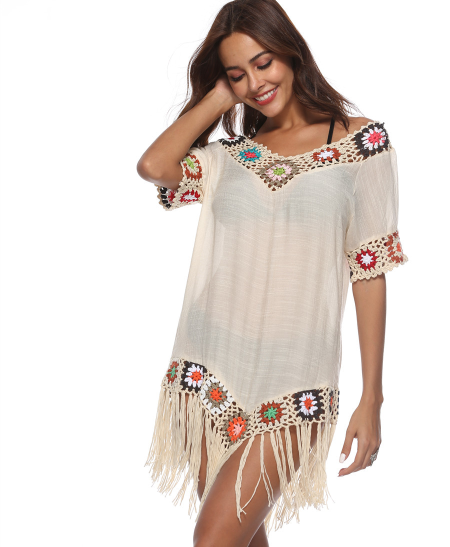 2018新款女裝針織衫長袖鏤空手鉤比基尼罩衫寬松波西米亞沙灘罩衫