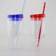 新款双层透明塑料吸管杯定制PS广告礼品促销酒杯DIY夏天沙冰杯