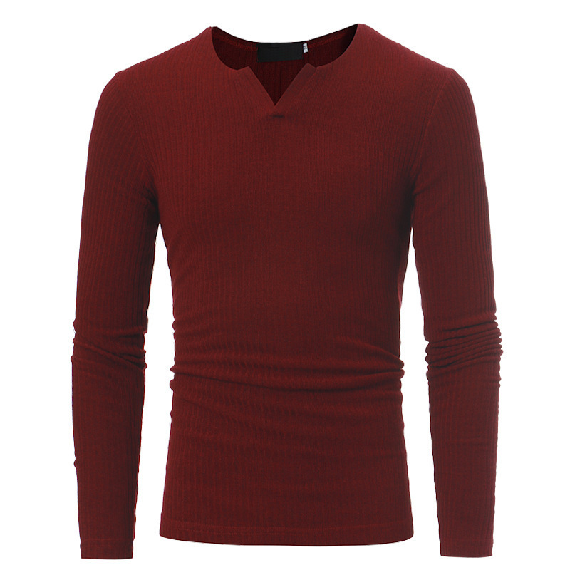 T-shirt da uomo con scollo a V a righe verticali a maniche lunghe lavorata a maglia sottile_voghion.com