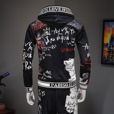 新款男青年金丝绒运动卫衣休闲套装欧洲站青少年男士