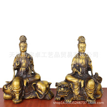 宇卓铜器纯黄铜文殊普贤菩萨佛像铜像工艺品摆件