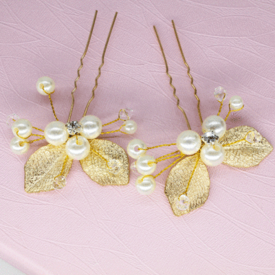 韩式新娘婚纱配饰发簪头花金色花朵手工珍珠发簪水钻花卉头饰批发|ms