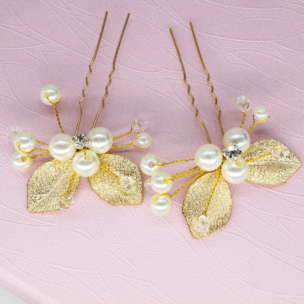 韩式新娘婚纱配饰发簪头花金色花朵手工珍珠发簪水钻花卉头饰批发|ms