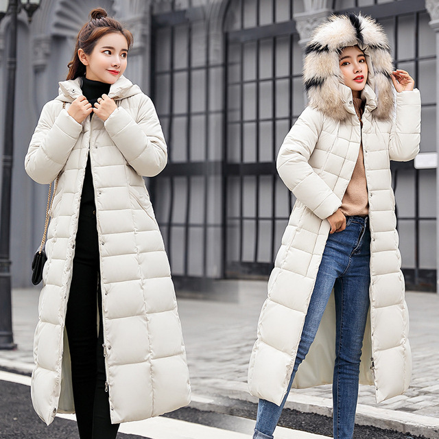 Áo dài châu Âu 2018 phiên bản Hàn Quốc mới của áo khoác siêu dài Slim lady trùm đầu dài tay áo cotton ấm áp áo khoác nữ Áo khoác cotton nữ