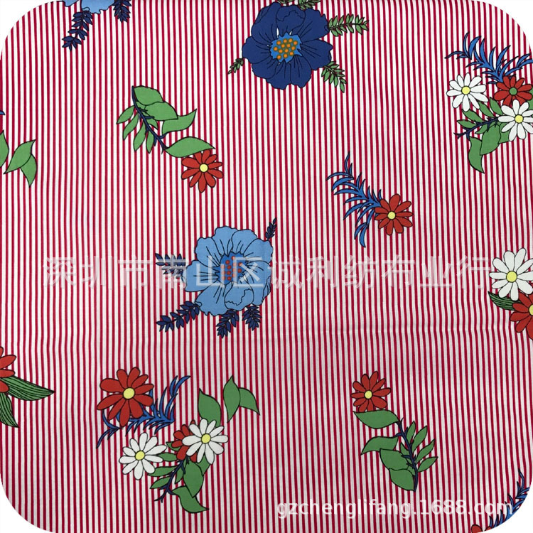 全棉平纹印花面料 经典条纹菊花 日韩女装连衣裙印花布  衬衫印花