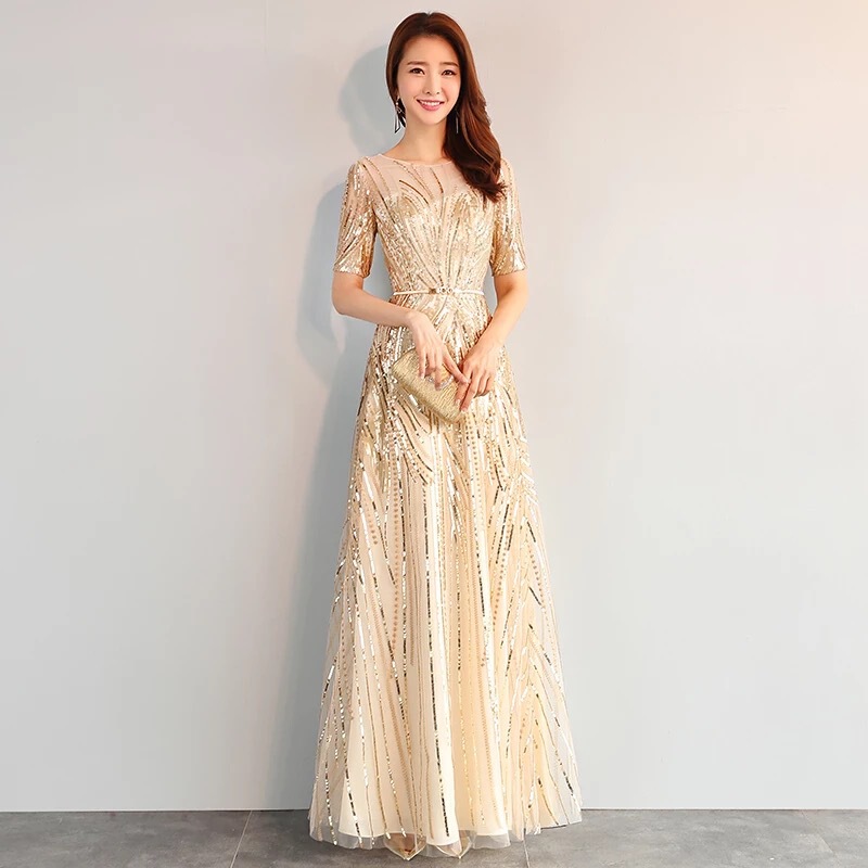 chinese dress ladies Long Sleeve Cross Over Floor-Length Evening Dress