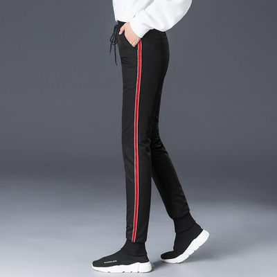 冬季新款松紧高腰系绳加厚保暖侧条大码休闲运动羽绒裤女棉裤9055