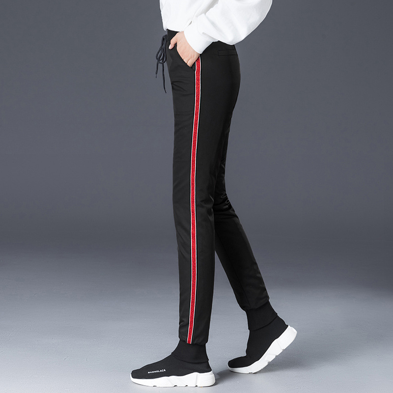 冬季新款松紧高腰系绳加厚保暖侧条大码休闲运动羽绒裤女棉裤9055