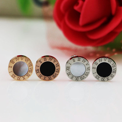 批发 明星同款圆形罗马数字黑白色贝壳玛瑙情侣耳饰钛钢男女耳钉