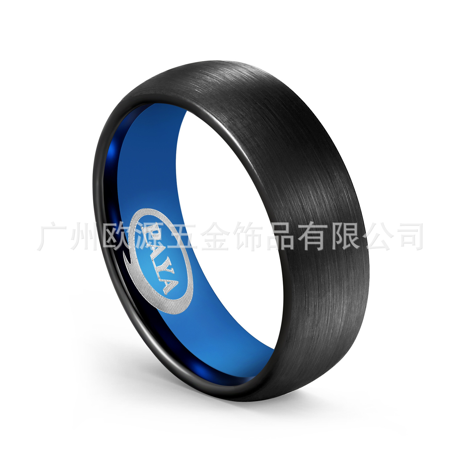 广州欧源工厂直销 钨钢戒指 黑色拉丝抛光间蓝 R面8MM欧美热销
