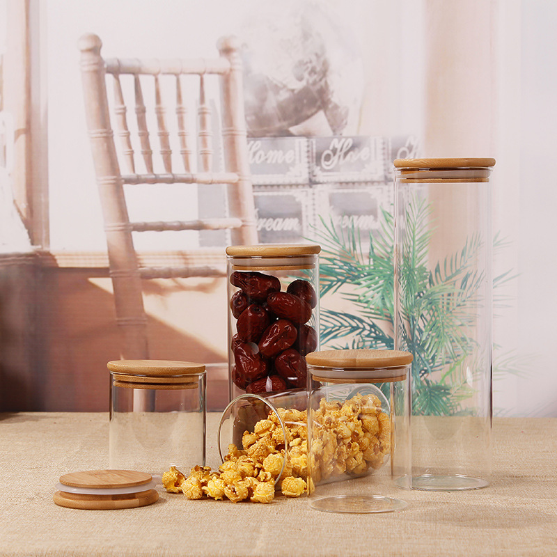厂价批发玻璃食品密封罐 茶叶密封罐 透明玻璃储物罐竹盖定制logo