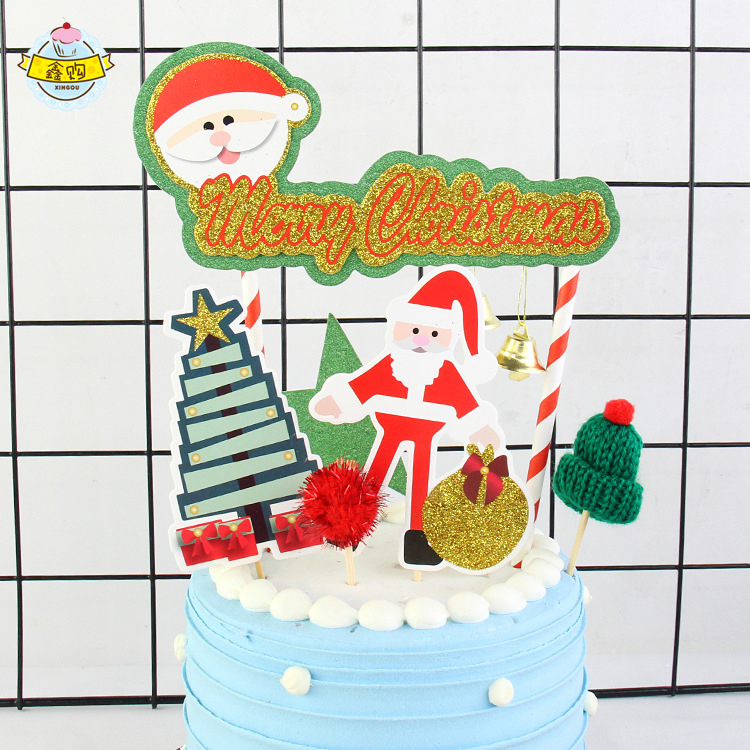 烘焙装饰圣诞系列黑金丝带圣诞树插卡套装圣诞派对蛋糕装饰插件