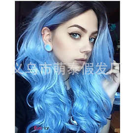 新款假发彩色cosplay长卷假发维秘贝嫂同款 黑色渐变蓝色卷发