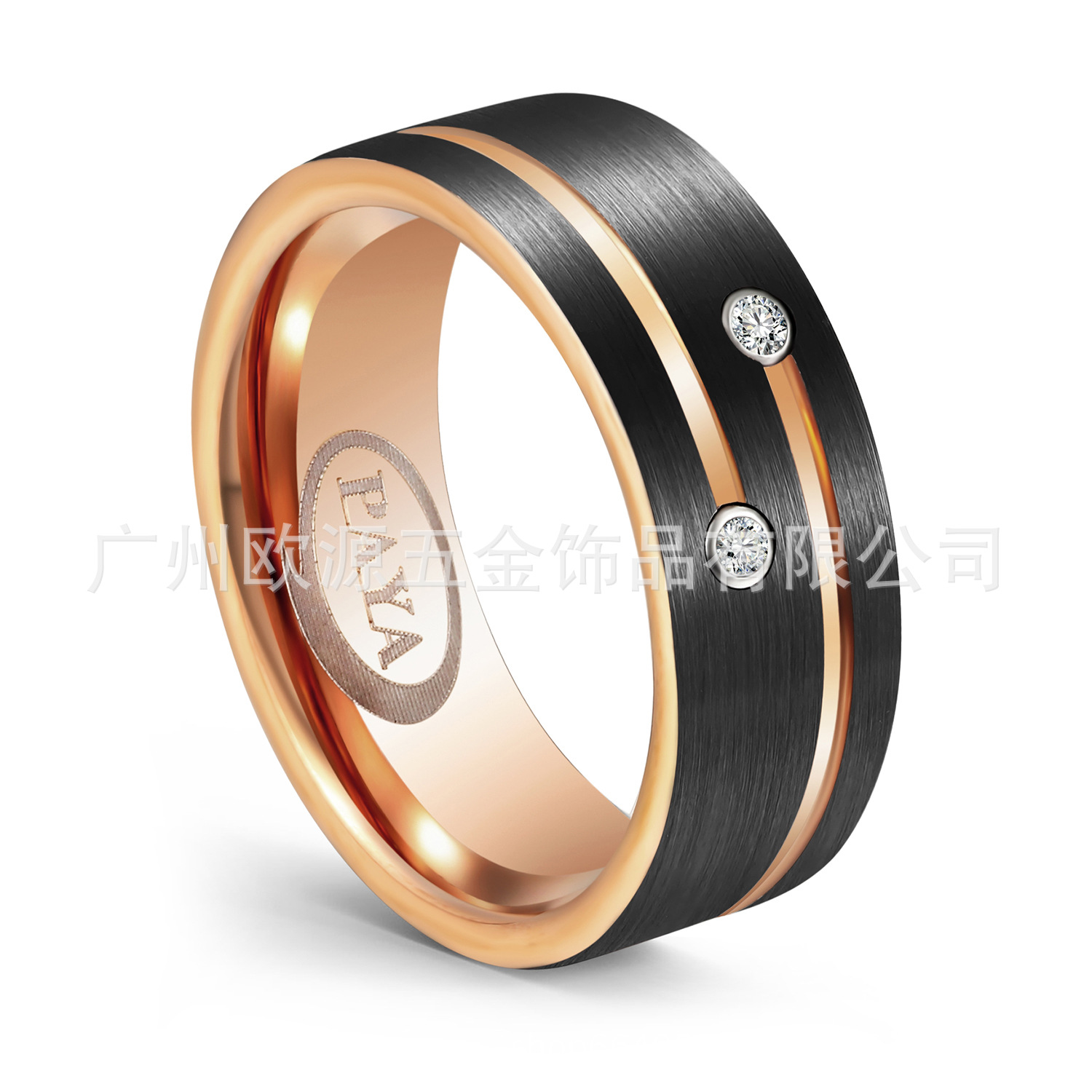 广州欧源工厂直销 钨钢戒指镶钻 电黑拉沙间电玫瑰金 欧美热销