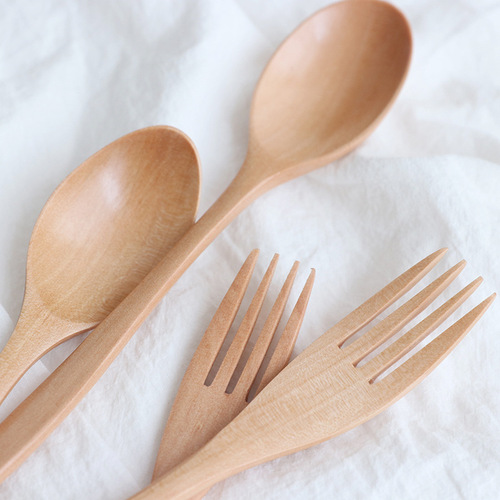 Wholesale creative wooden rice spoon Japanese tableware wavy handle wrapped solid wood spoon and fork set wooden spoon wooden fork